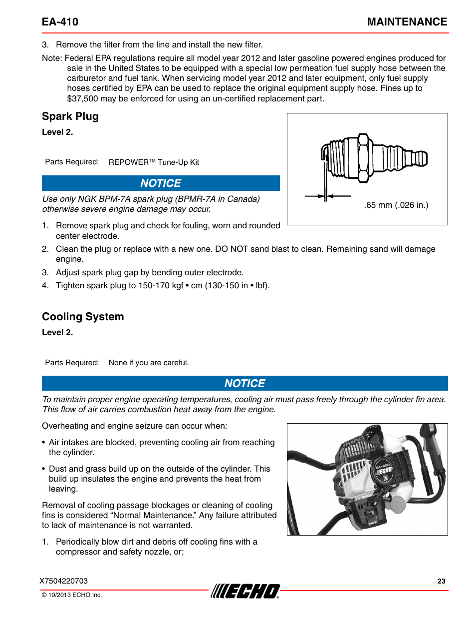 Spark plug cooling system, Ea-410 maintenance, Spark plug | Cooling system | Echo EA-410 User Manual | Page 23 / 36