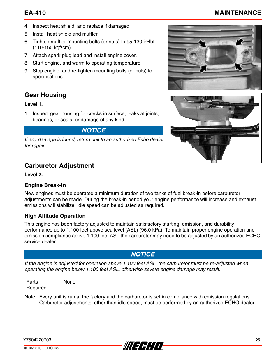 Gear housing carburetor adjustment, Ea-410 maintenance, Gear housing | Carburetor adjustment | Echo EA-410 User Manual | Page 25 / 36