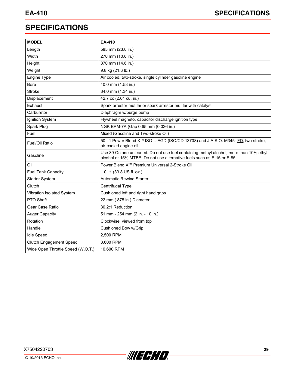 Specifications, Ea-410 specifications | Echo EA-410 User Manual | Page 29 / 36