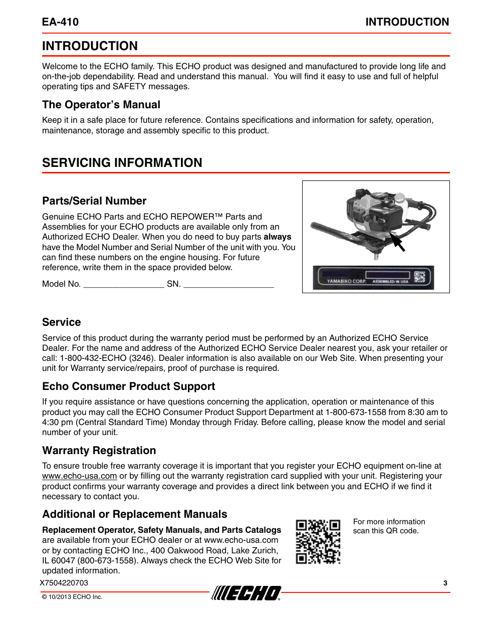Introduction, The operator’s manual, Servicing information | Echo EA-410 User Manual | Page 3 / 36