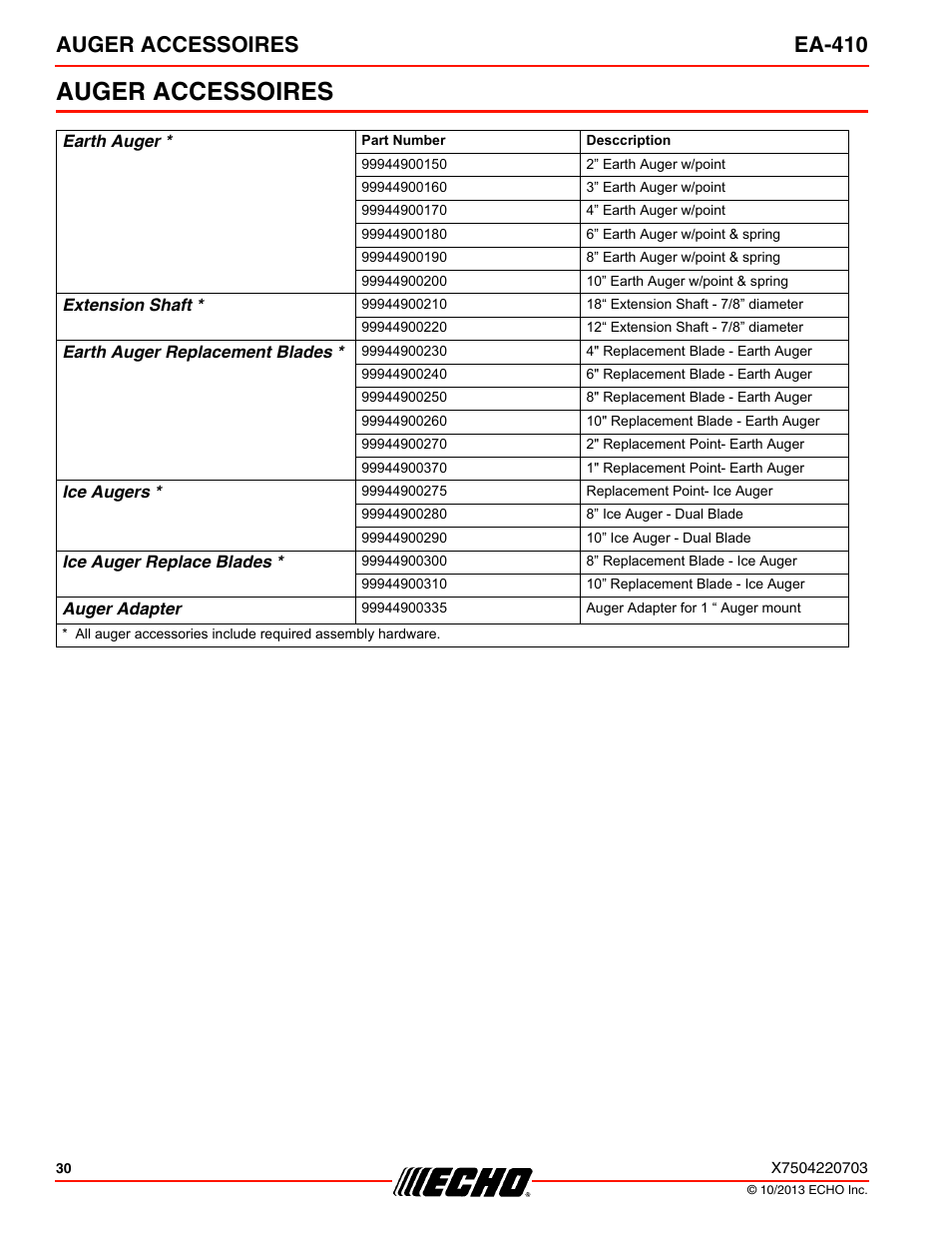 Auger accessoires, Auger accessoires ea-410 | Echo EA-410 User Manual | Page 30 / 36