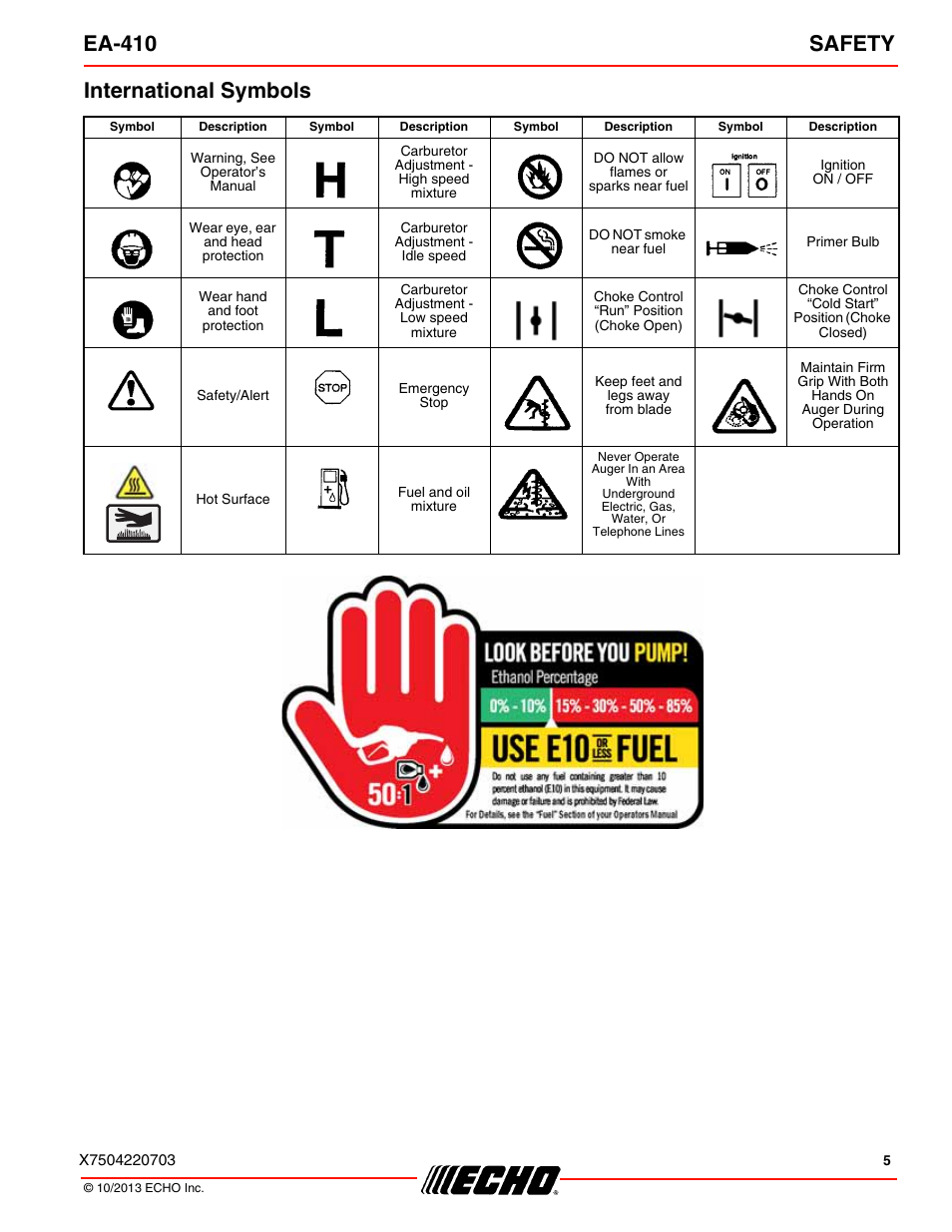 International symbols, Ea-410 safety | Echo EA-410 User Manual | Page 5 / 36