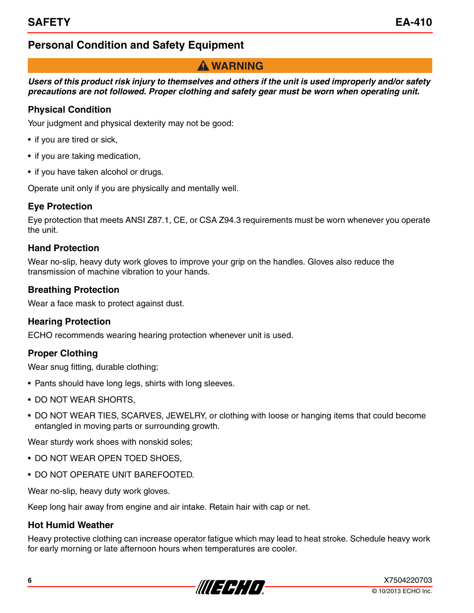 Personal condition and safety equipment | Echo EA-410 User Manual | Page 6 / 36