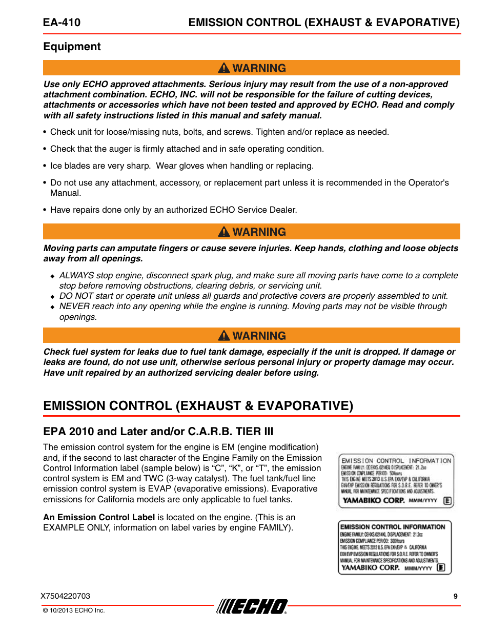 Equipment, Emission control (exhaust & evaporative), Epa 2010 and later and/or c.a.r.b. tier iii | Ea-410 emission control (exhaust & evaporative) | Echo EA-410 User Manual | Page 9 / 36