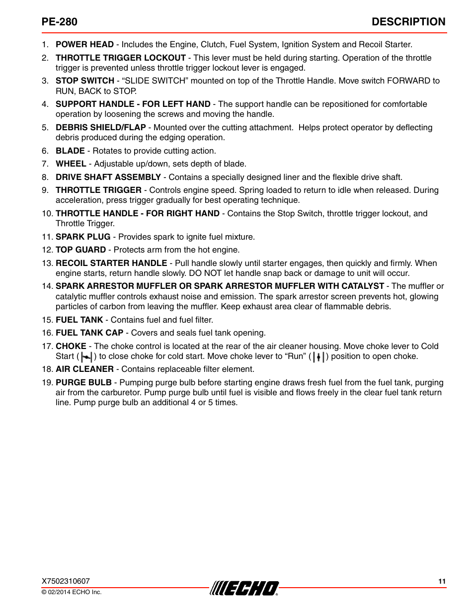 Pe-280 description | Echo PE-280 Serial S63012008945 - S63012999999 User Manual | Page 11 / 32
