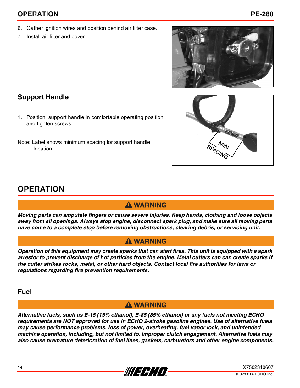 Support handle, Operation, Fuel | Operation pe-280 | Echo PE-280 Serial S63012008945 - S63012999999 User Manual | Page 14 / 32