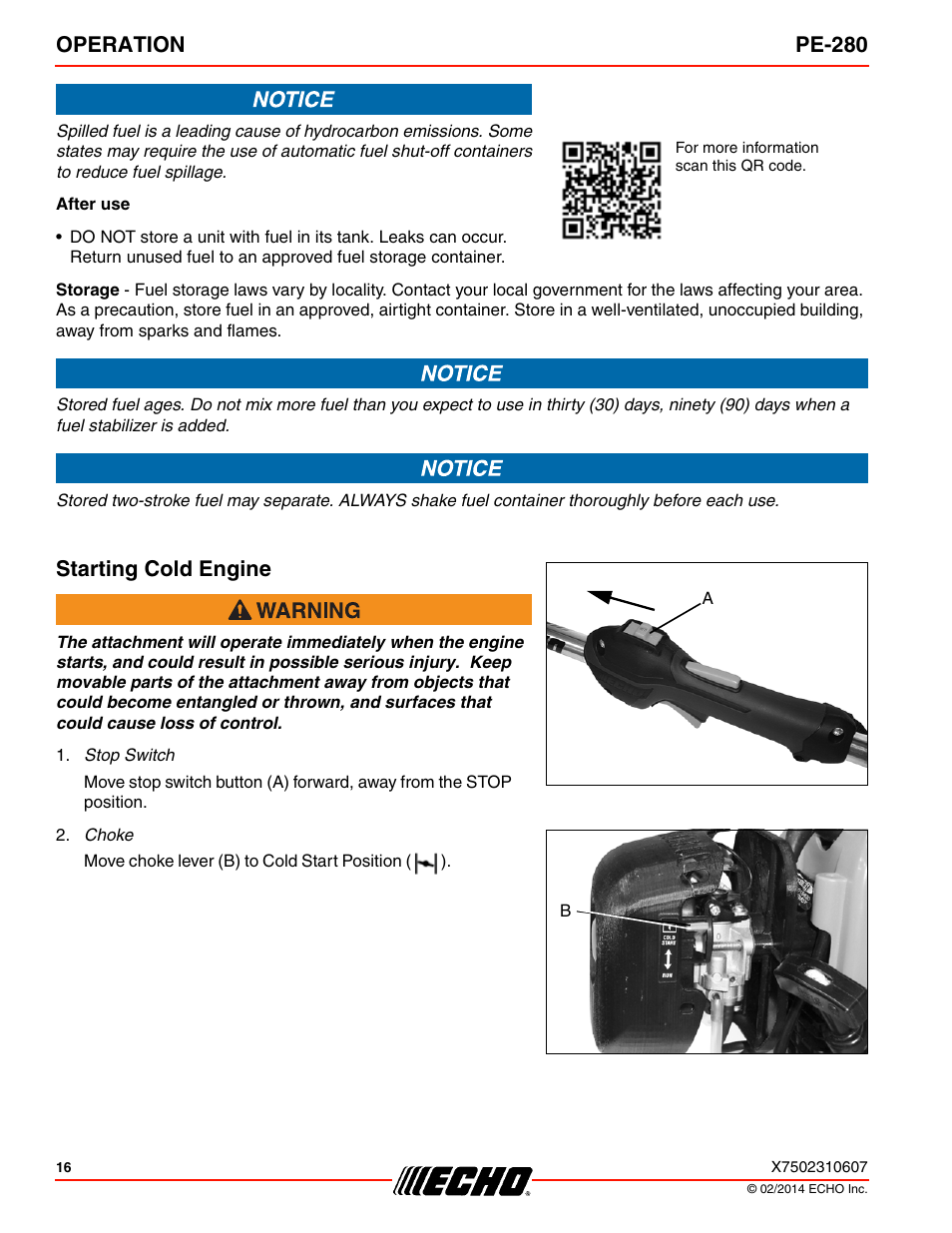 Starting cold engine, Operation pe-280 | Echo PE-280 Serial S63012008945 - S63012999999 User Manual | Page 16 / 32