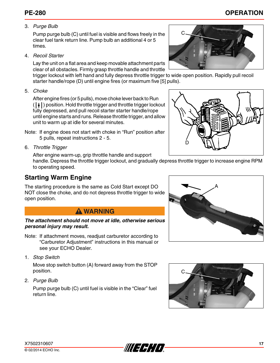 Starting warm engine, Pe-280 operation | Echo PE-280 Serial S63012008945 - S63012999999 User Manual | Page 17 / 32