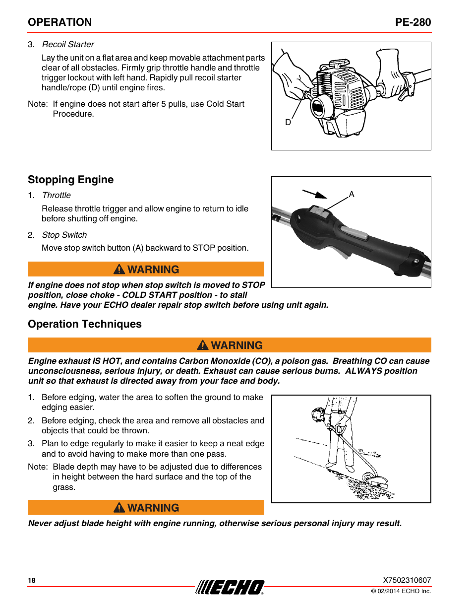 Stopping engine, Operation techniques, Stopping engine operation techniques | Operation pe-280 | Echo PE-280 Serial S63012008945 - S63012999999 User Manual | Page 18 / 32