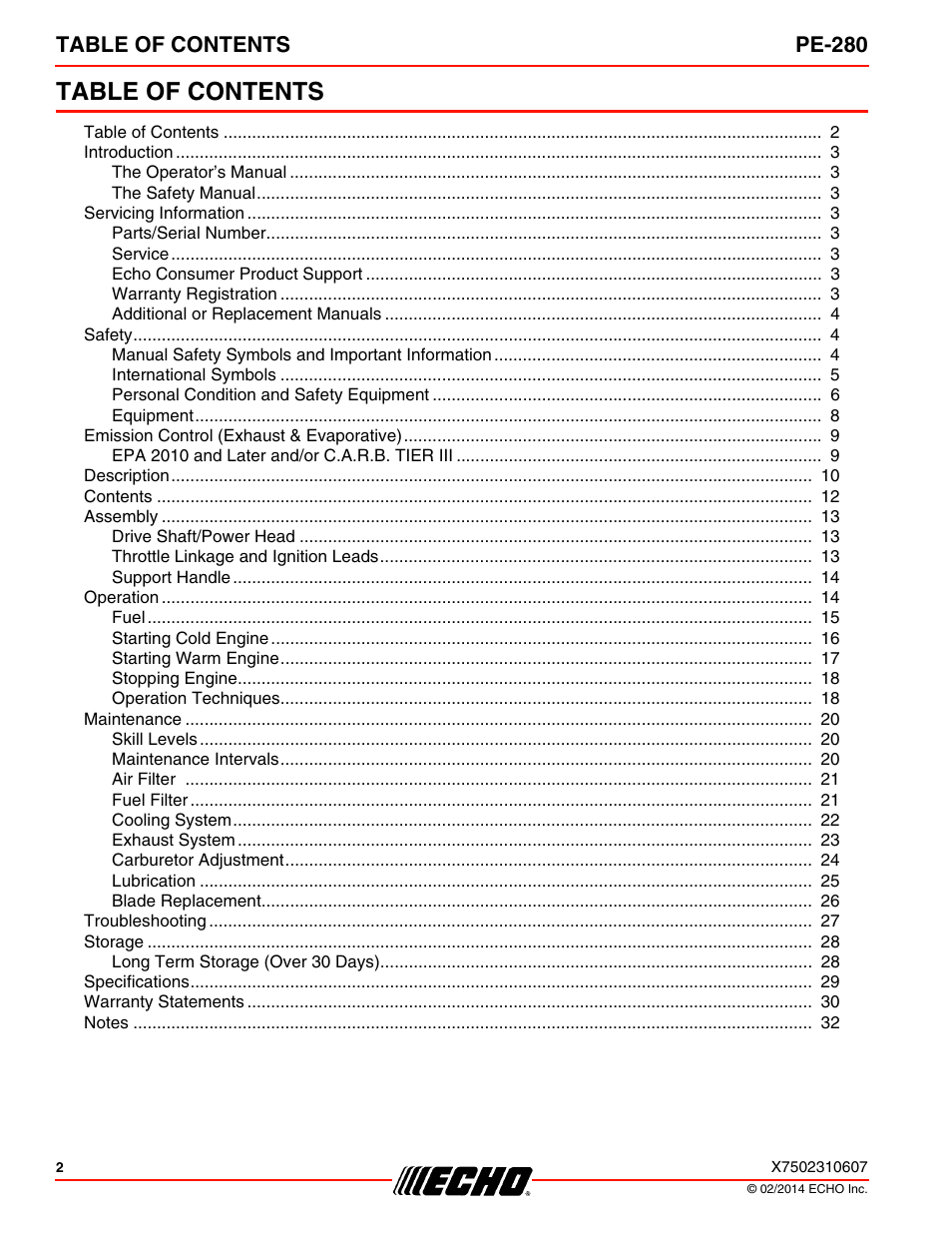 Echo PE-280 Serial S63012008945 - S63012999999 User Manual | Page 2 / 32