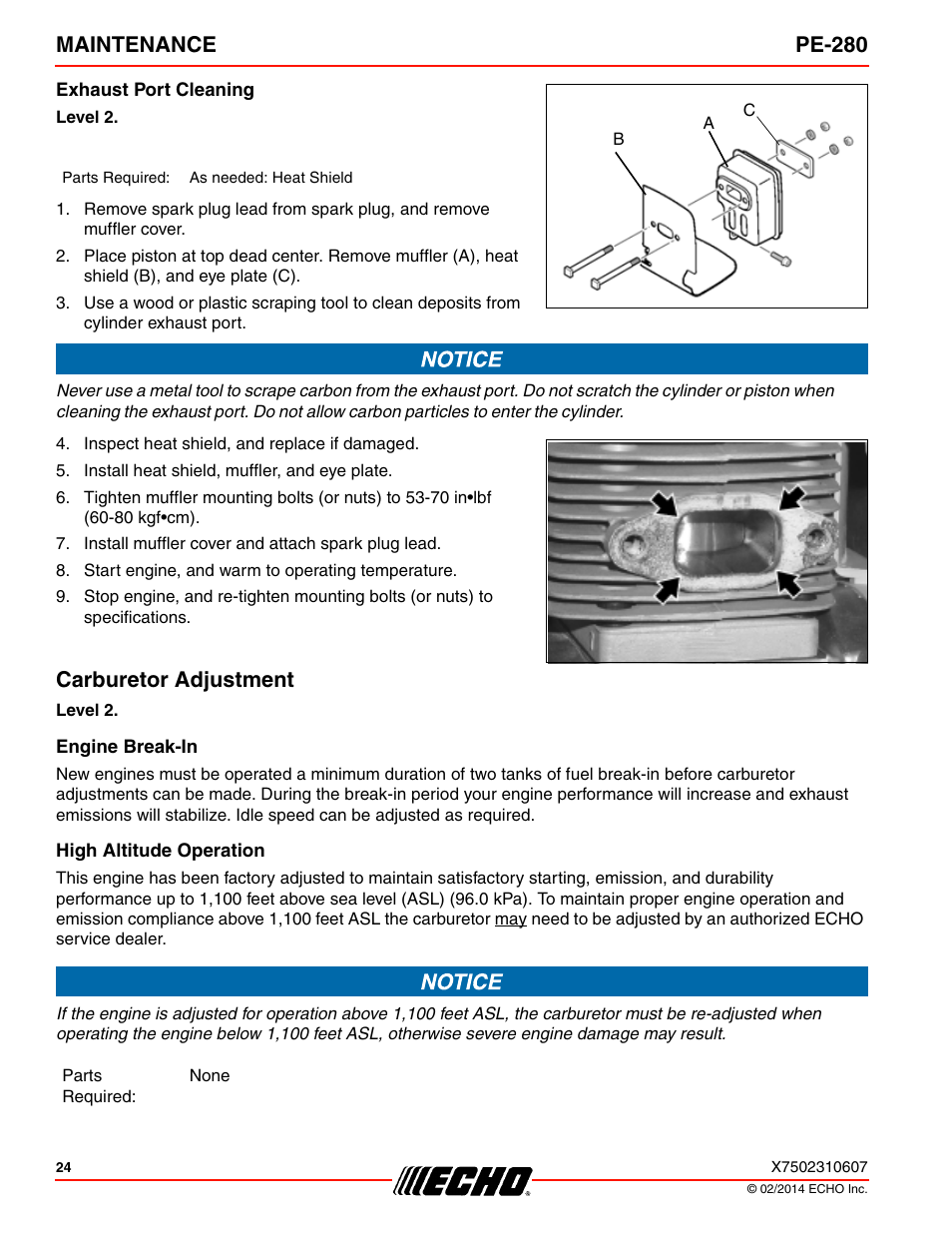 Exhaust port cleaning, Carburetor adjustment, Engine break-in | High altitude operation, Maintenance pe-280 | Echo PE-280 Serial S63012008945 - S63012999999 User Manual | Page 24 / 32