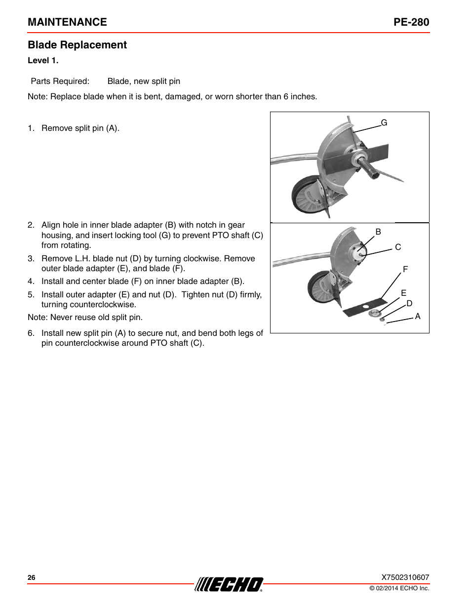 Blade replacement, Maintenance pe-280 blade replacement | Echo PE-280 Serial S63012008945 - S63012999999 User Manual | Page 26 / 32