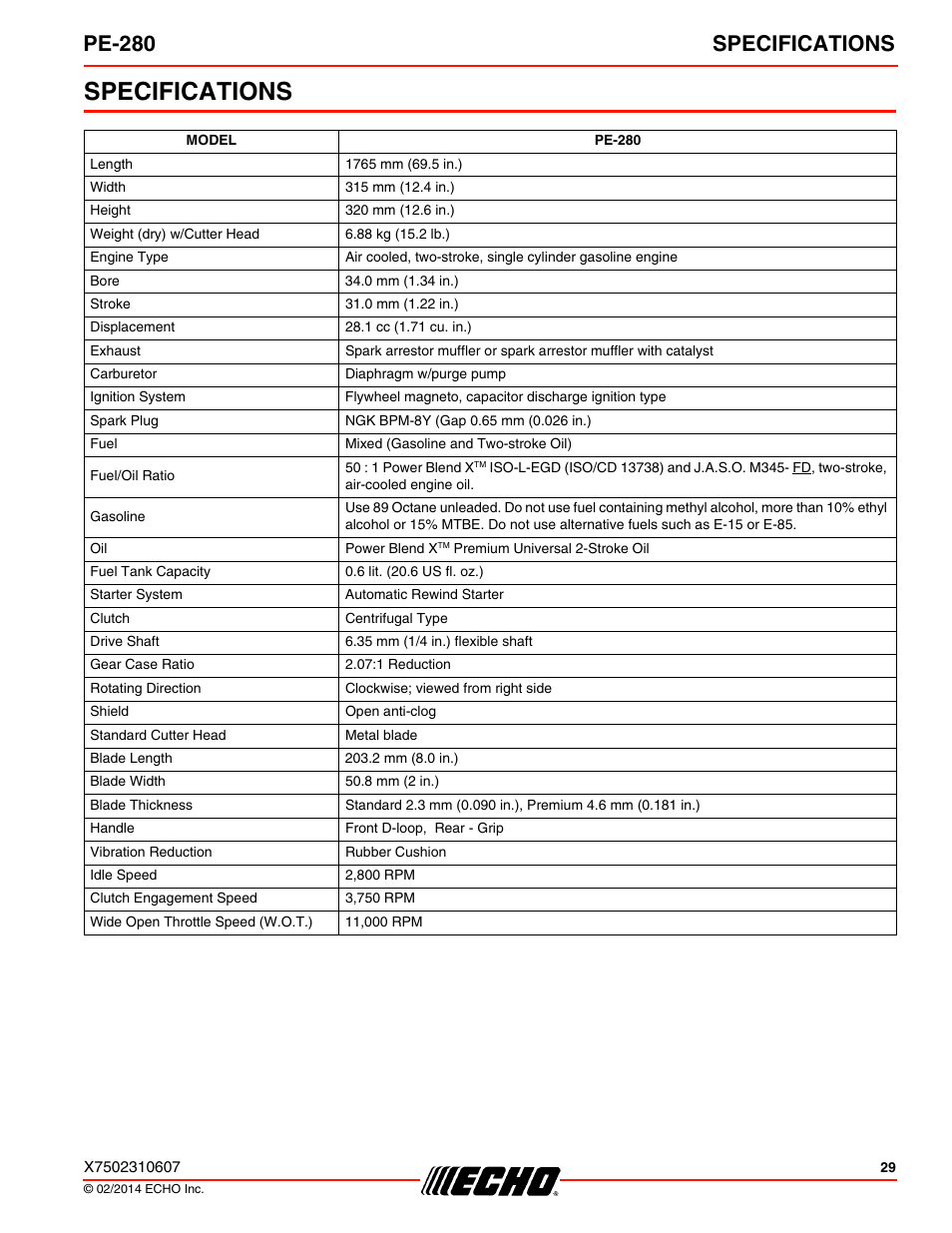 Specifications, Pe-280 specifications | Echo PE-280 Serial S63012008945 - S63012999999 User Manual | Page 29 / 32