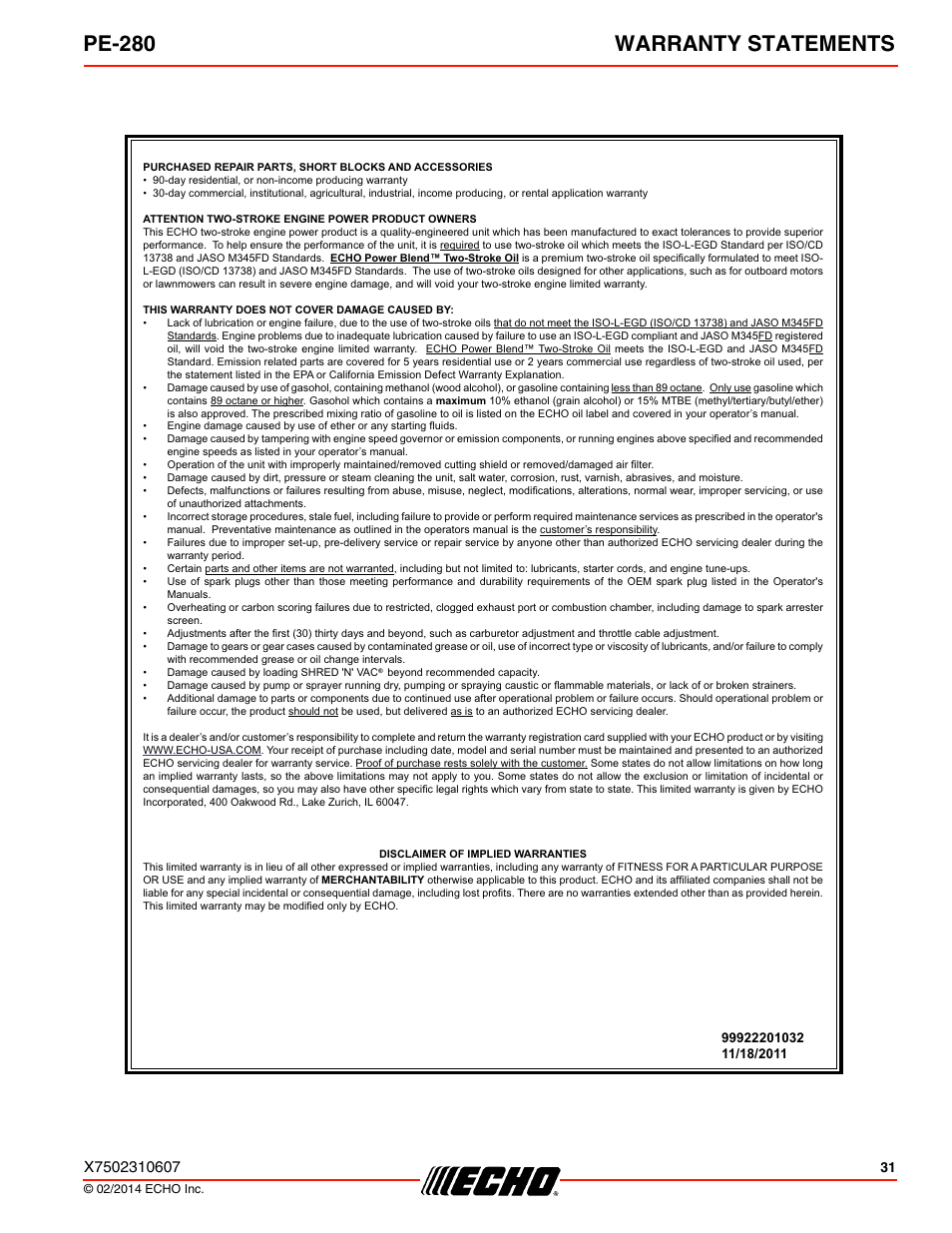 Pe-280 warranty statements | Echo PE-280 Serial S63012008945 - S63012999999 User Manual | Page 31 / 32