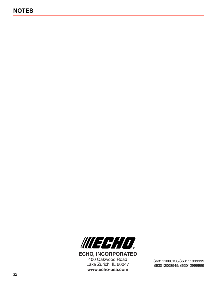 Notes | Echo PE-280 Serial S63012008945 - S63012999999 User Manual | Page 32 / 32