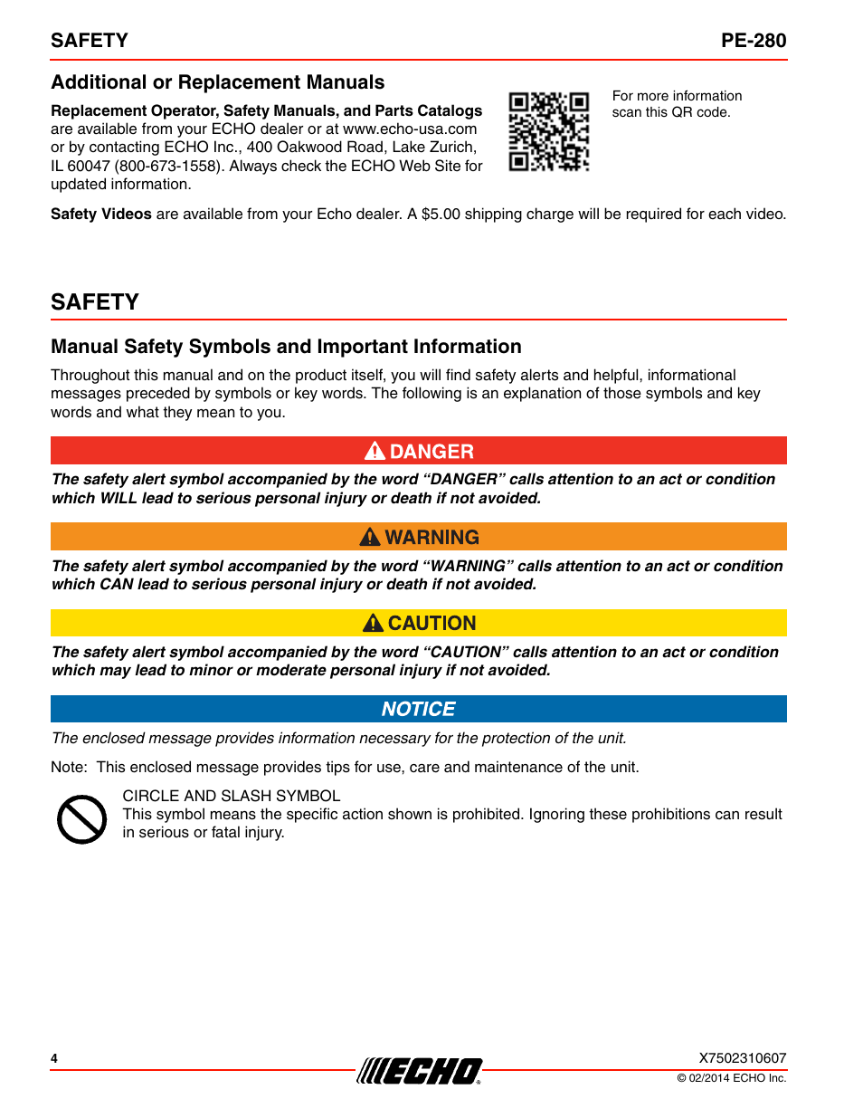 Additional or replacement manuals, Safety, Manual safety symbols and important information | Echo PE-280 Serial S63012008945 - S63012999999 User Manual | Page 4 / 32