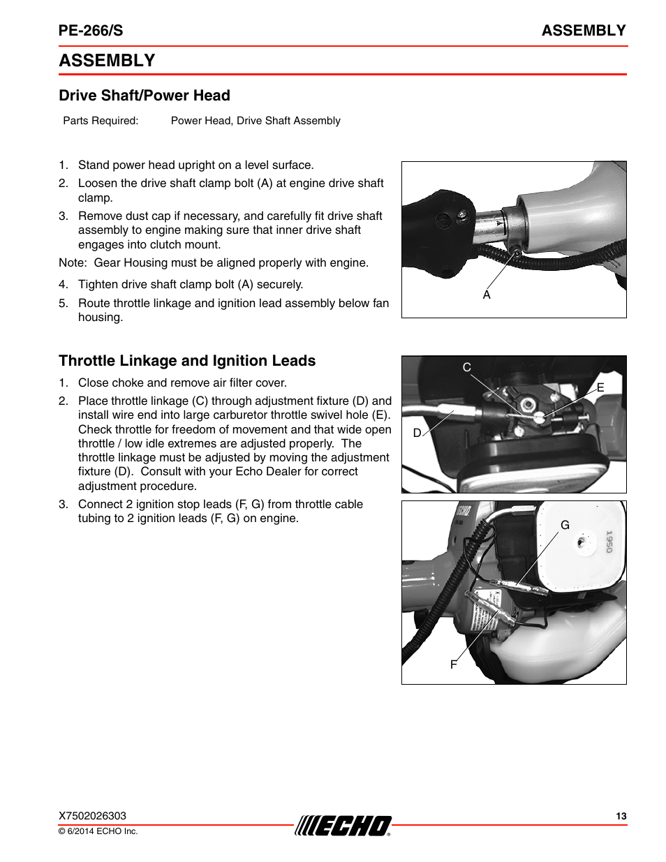 Assembly, Drive shaft/power head, Throttle linkage and ignition leads | Pe-266/s assembly | Echo PE-266 User Manual | Page 13 / 32