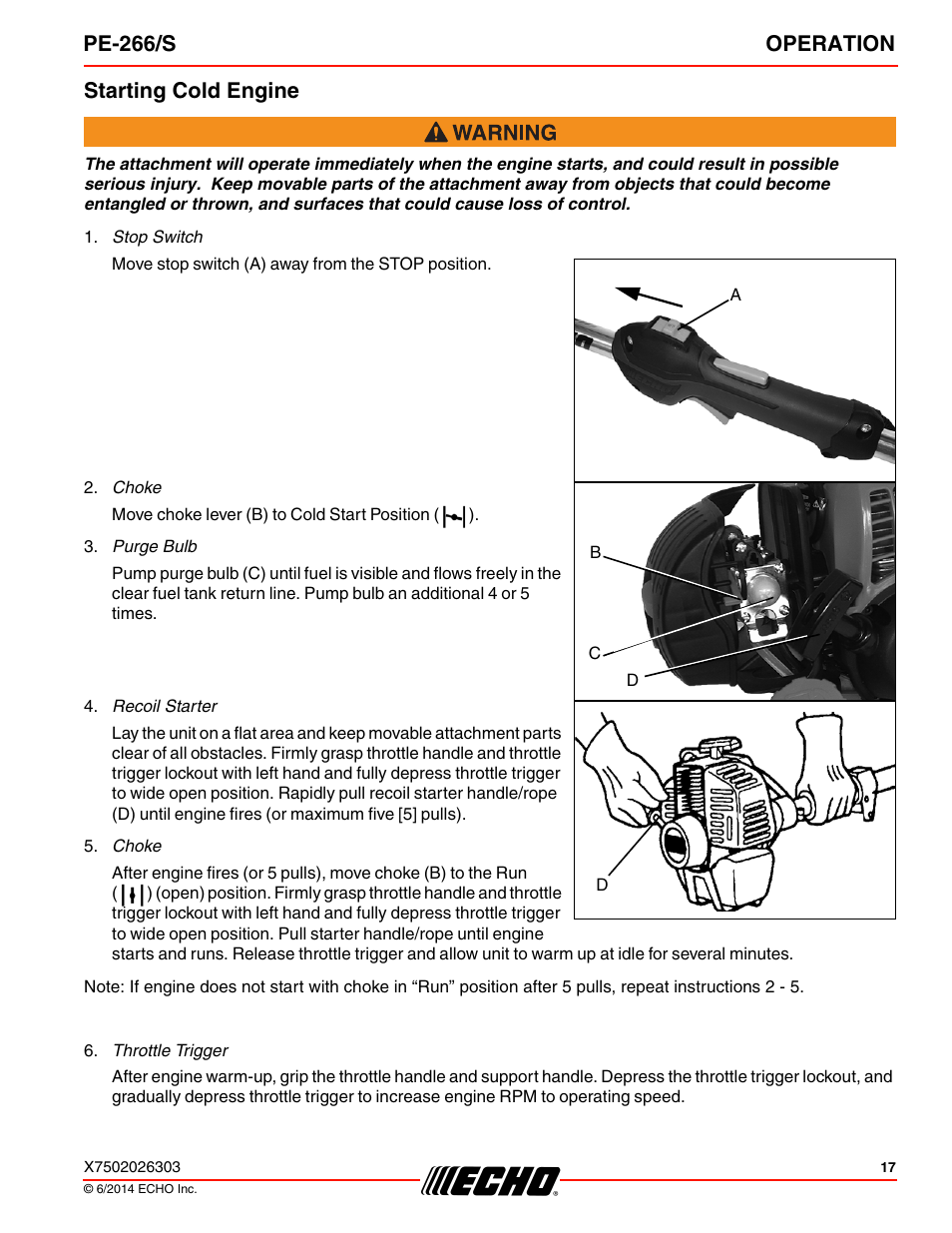 Starting cold engine, Pe-266/s operation | Echo PE-266 User Manual | Page 17 / 32