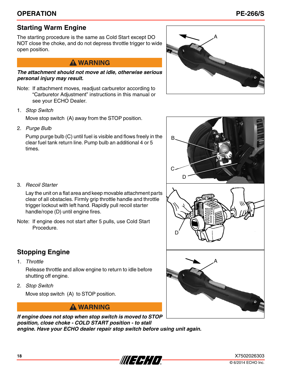 Starting warm engine, Stopping engine, Operation pe-266/s starting warm engine | Echo PE-266 User Manual | Page 18 / 32