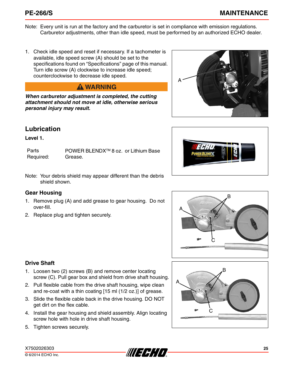 Lubrication, Gear housing, Drive shaft | Pe-266/s maintenance | Echo PE-266 User Manual | Page 25 / 32