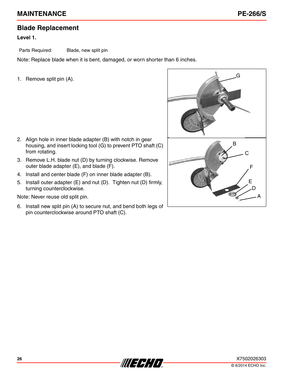 Blade replacement, Maintenance pe-266/s blade replacement | Echo PE-266 User Manual | Page 26 / 32