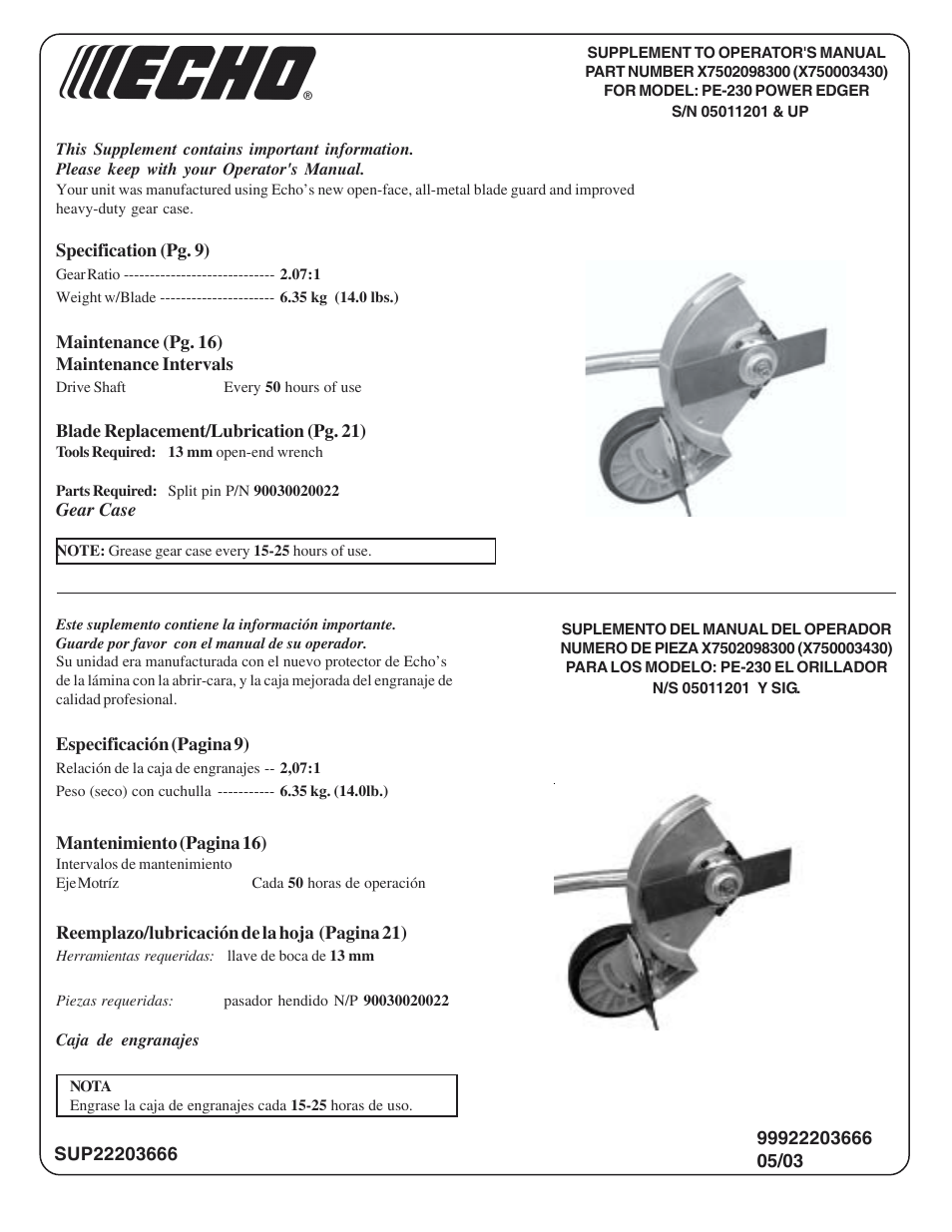 Echo PE-230 Serial 05001001 - 05011200 User Manual | Page 26 / 26