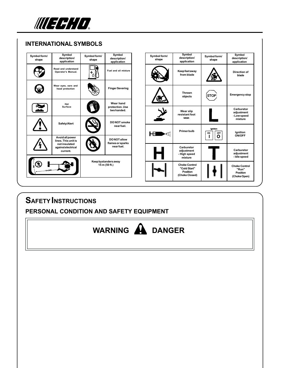 Warning danger, Physical condition, Eye protection | Hand protection, Hearing protection, Proper clothing, International, Symbols, Afety, Nstructions personal | Echo PE-230 Serial 05001001 - 05011200 User Manual | Page 4 / 26