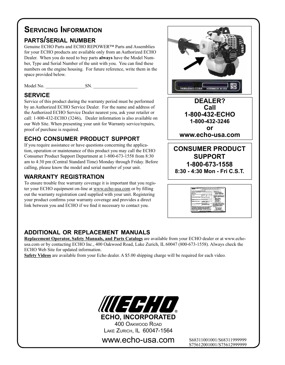 Echo PE-230 Serial S75612001001 - S75612999999 User Manual | Page 32 / 32