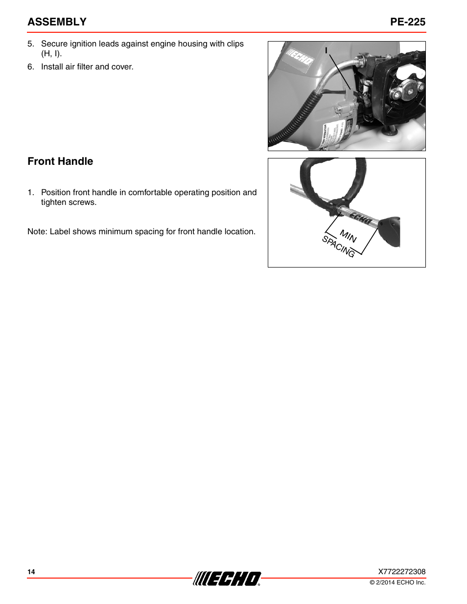 Front handle, Assembly pe-225 | Echo PE-225 Serial S78712051201 - S7871212999999 User Manual | Page 14 / 36