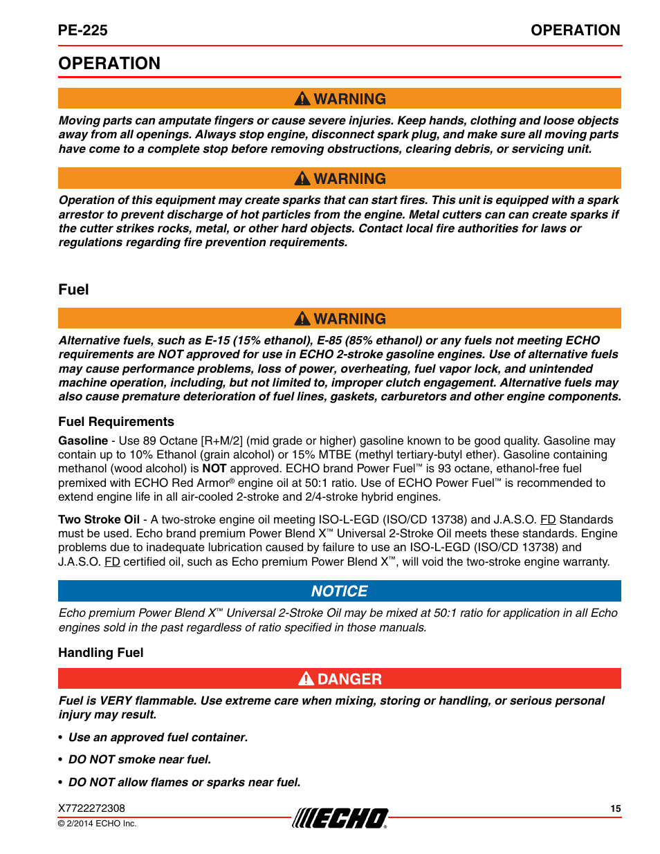 Operation, Fuel, Fuel requirements | Handling fuel, Pe-225 operation | Echo PE-225 Serial S78712051201 - S7871212999999 User Manual | Page 15 / 36