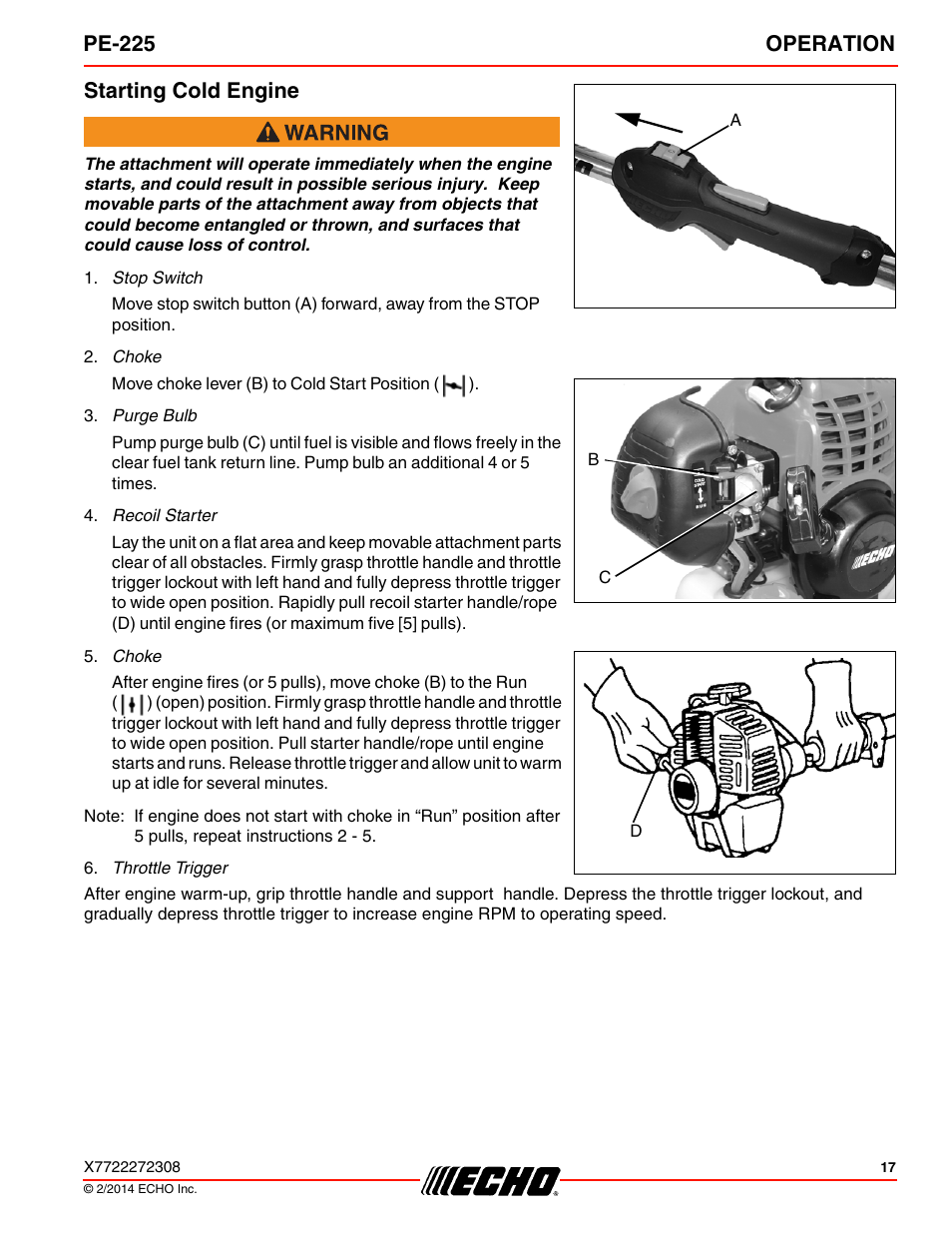 Starting cold engine, Pe-225 operation | Echo PE-225 Serial S78712051201 - S7871212999999 User Manual | Page 17 / 36