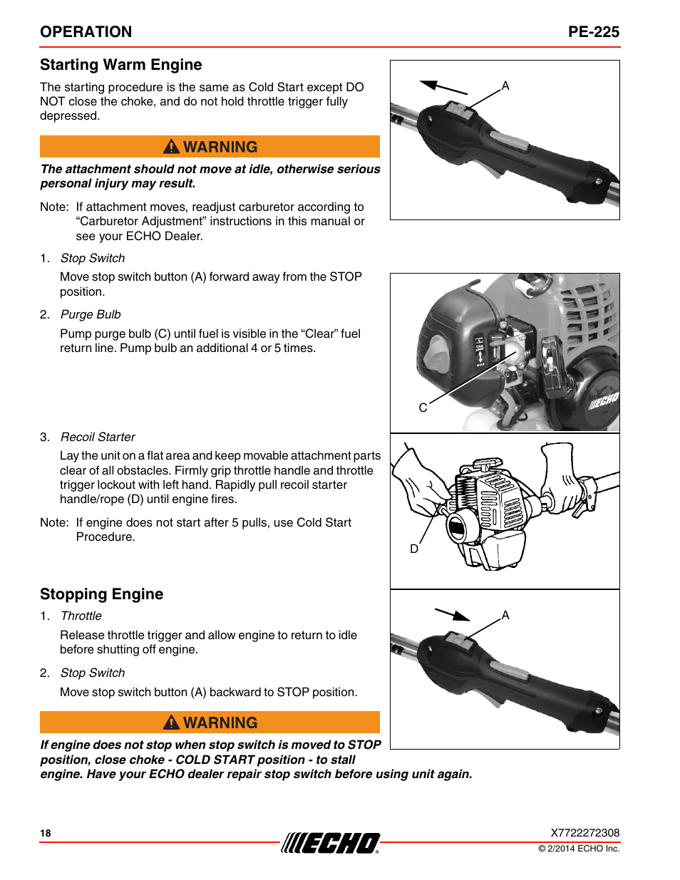 Starting warm engine, Stopping engine, Starting warm engine stopping engine | Operation pe-225 starting warm engine | Echo PE-225 Serial S78712051201 - S7871212999999 User Manual | Page 18 / 36
