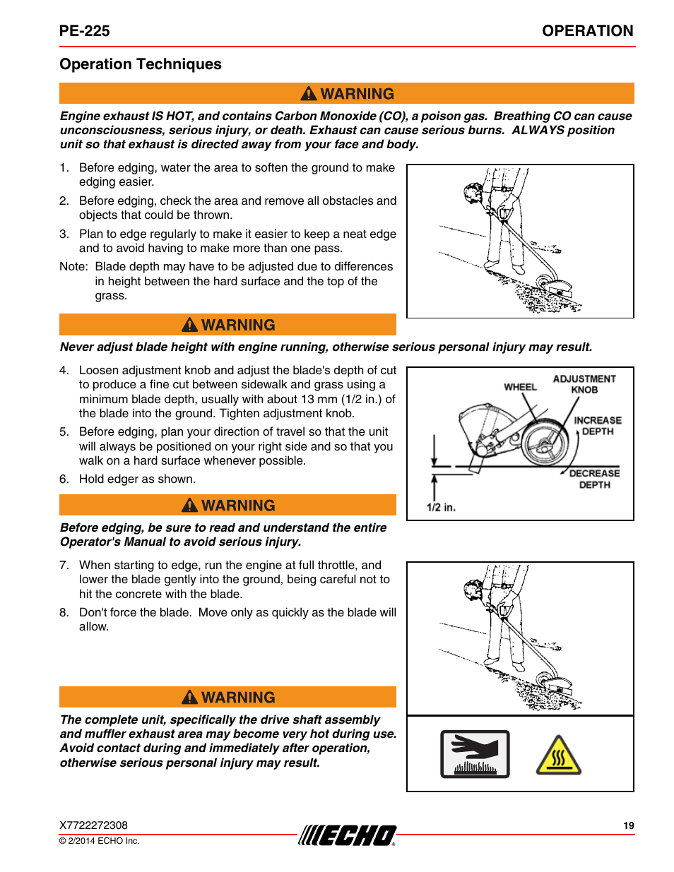 Operation techniques, Pe-225 operation | Echo PE-225 Serial S78712051201 - S7871212999999 User Manual | Page 19 / 36