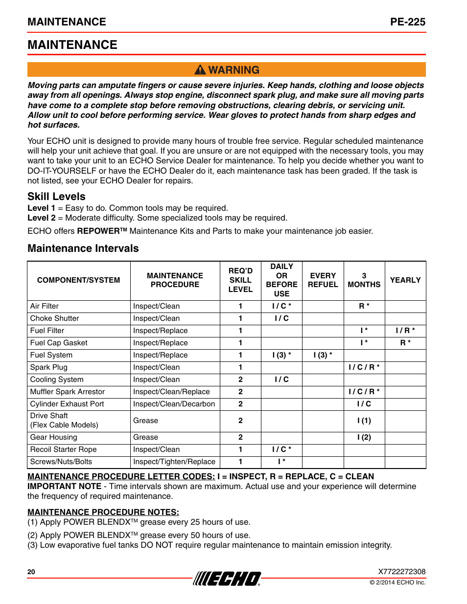 Maintenance, Skill levels, Maintenance intervals | Skill levels maintenance intervals, Maintenance pe-225 | Echo PE-225 Serial S78712051201 - S7871212999999 User Manual | Page 20 / 36