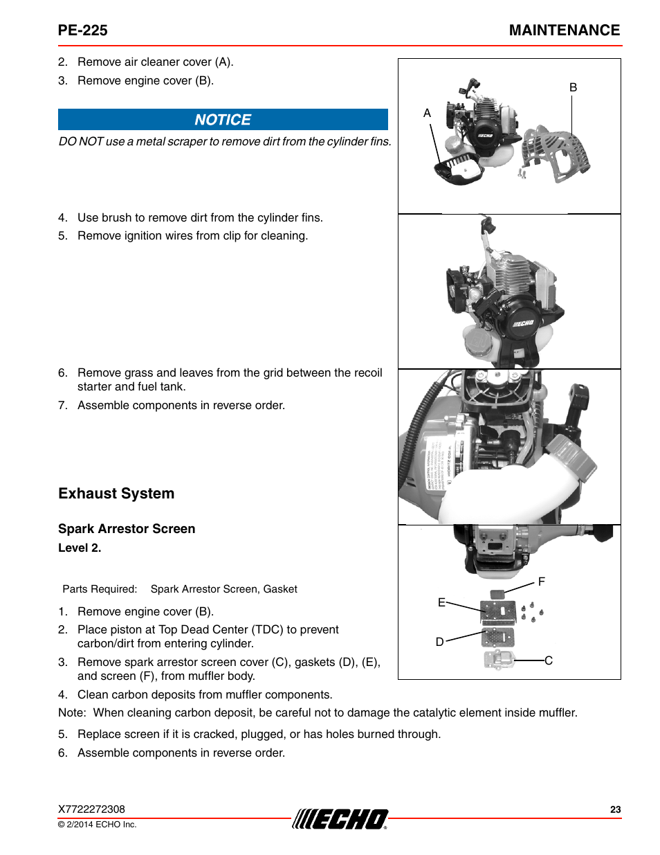 Exhaust system, Spark arrestor screen, Pe-225 maintenance | Echo PE-225 Serial S78712051201 - S7871212999999 User Manual | Page 23 / 36