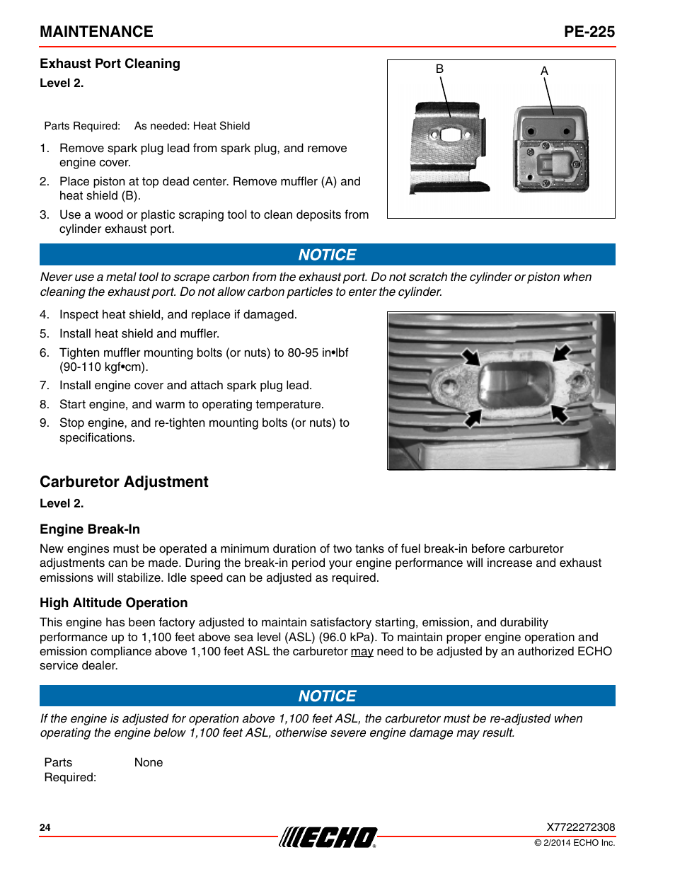 Exhaust port cleaning, Carburetor adjustment, Engine break-in | High altitude operation, Maintenance pe-225 | Echo PE-225 Serial S78712051201 - S7871212999999 User Manual | Page 24 / 36