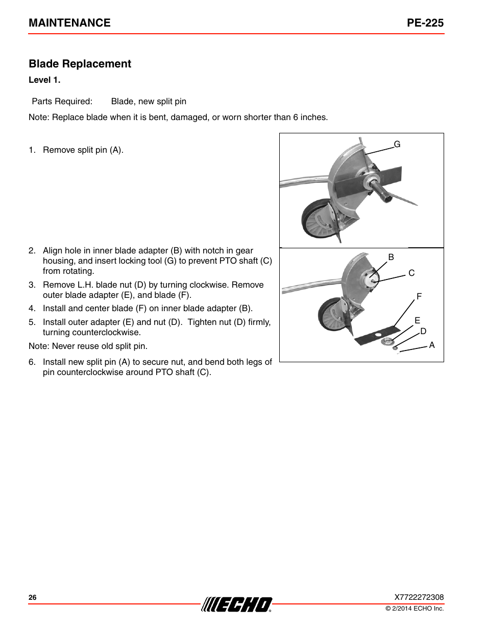 Blade replacement, Maintenance pe-225 blade replacement | Echo PE-225 Serial S78712051201 - S7871212999999 User Manual | Page 26 / 36