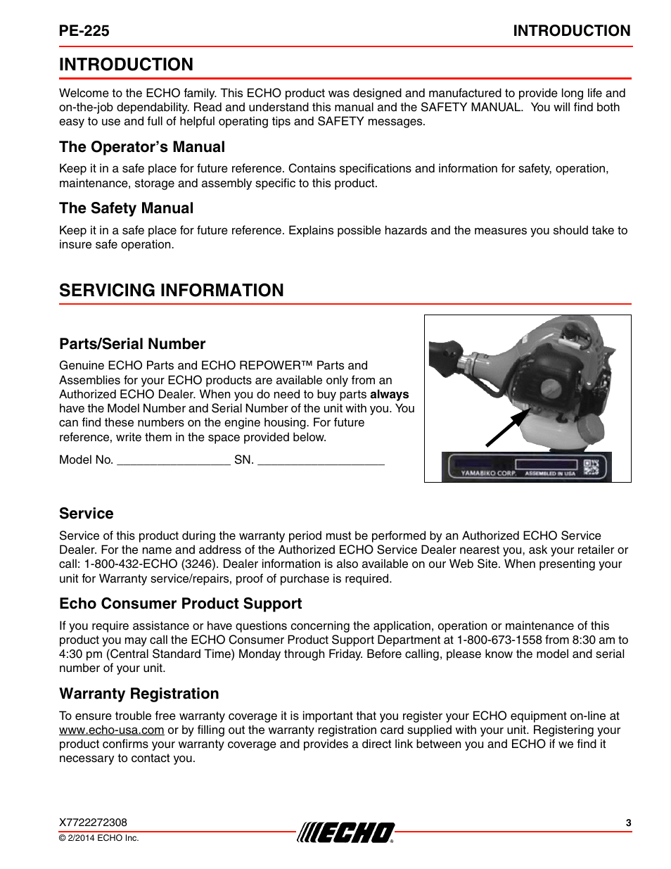 Introduction, The operator’s manual, The safety manual | Servicing information, Parts/serial number, Service, Echo consumer product support, Warranty registration, The operator’s manual the safety manual | Echo PE-225 Serial S78712051201 - S7871212999999 User Manual | Page 3 / 36