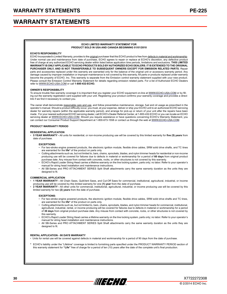 Warranty statements, Warranty statements pe-225 | Echo PE-225 Serial S78712051201 - S7871212999999 User Manual | Page 30 / 36