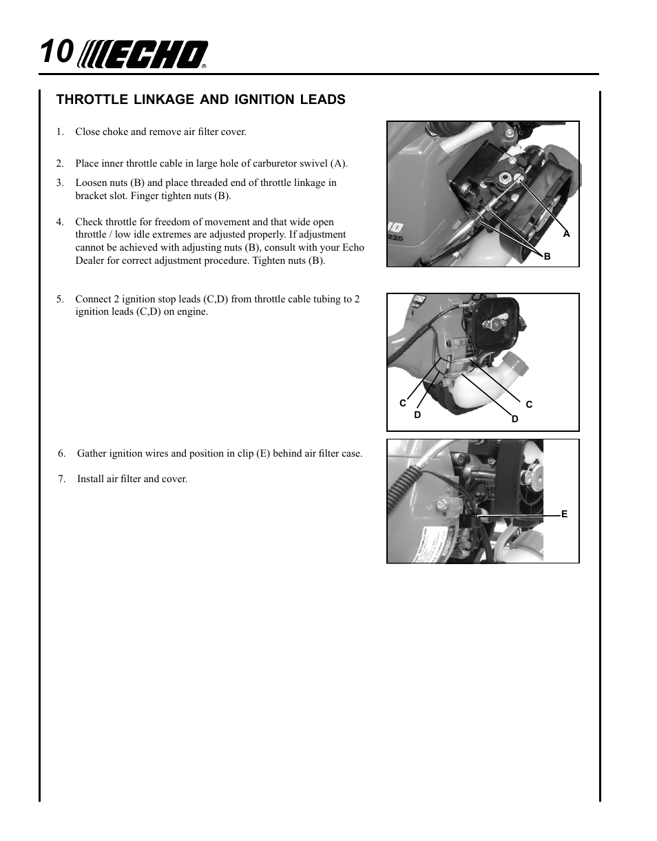 Throttle linkage and ignition leads | Echo PE-225 Serial S78712001001 - S78712051200 User Manual | Page 10 / 32