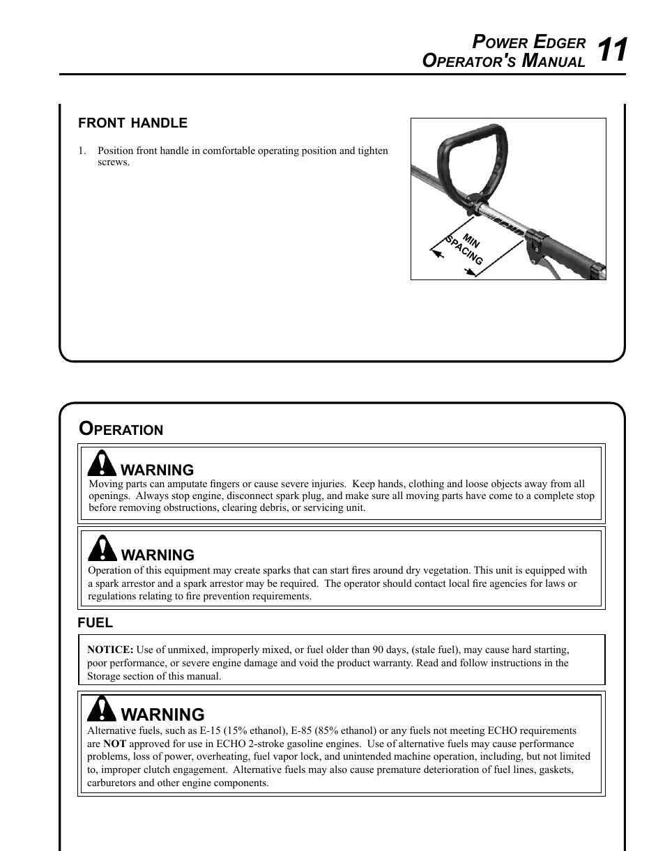 Front handle, Operation, Fuel | Warning | Echo PE-225 Serial S78712001001 - S78712051200 User Manual | Page 11 / 32