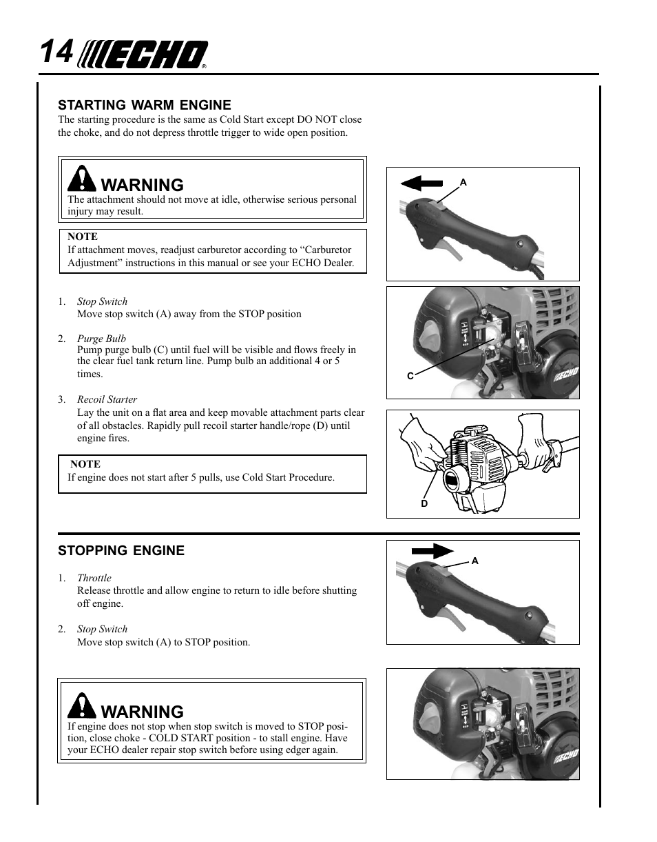 Starting warm engine, Stopping engine, Warning | Echo PE-225 Serial S78712001001 - S78712051200 User Manual | Page 14 / 32