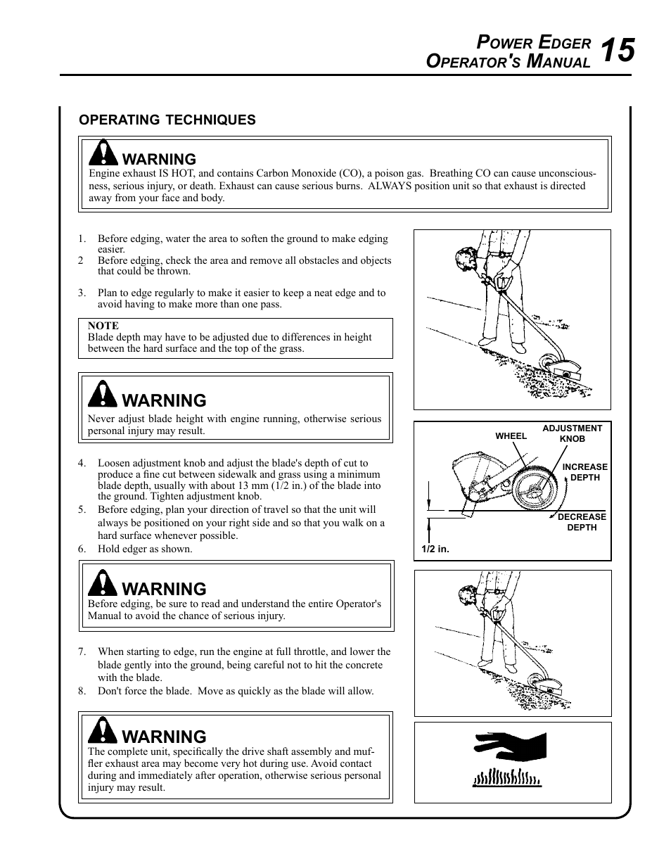 Operating techniques, Warning | Echo PE-225 Serial S78712001001 - S78712051200 User Manual | Page 15 / 32