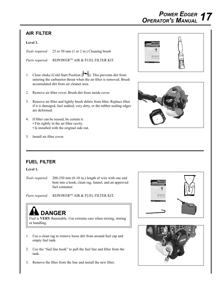 Air filter, Fuel filter, Danger | Echo PE-225 Serial S78712001001 - S78712051200 User Manual | Page 17 / 32