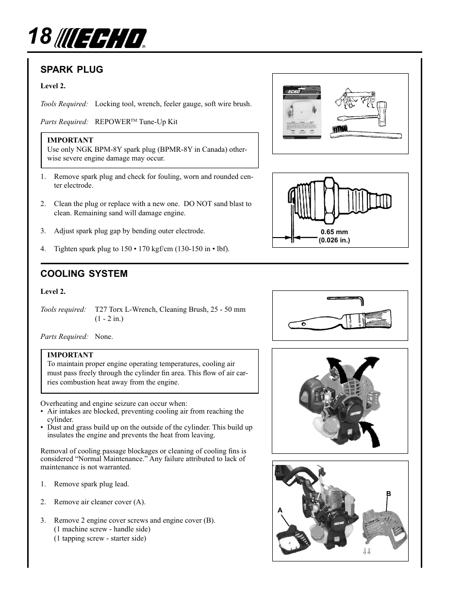 Spark plug, Cooling system | Echo PE-225 Serial S78712001001 - S78712051200 User Manual | Page 18 / 32