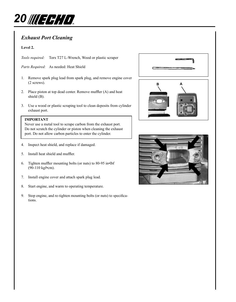 Exhaust port cleaning | Echo PE-225 Serial S78712001001 - S78712051200 User Manual | Page 20 / 32