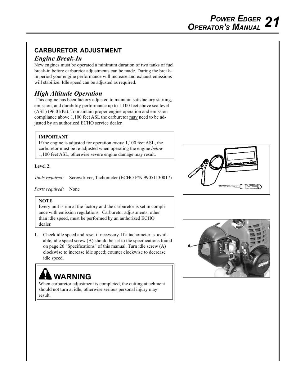 Carburetor adjustment, Warning | Echo PE-225 Serial S78712001001 - S78712051200 User Manual | Page 21 / 32