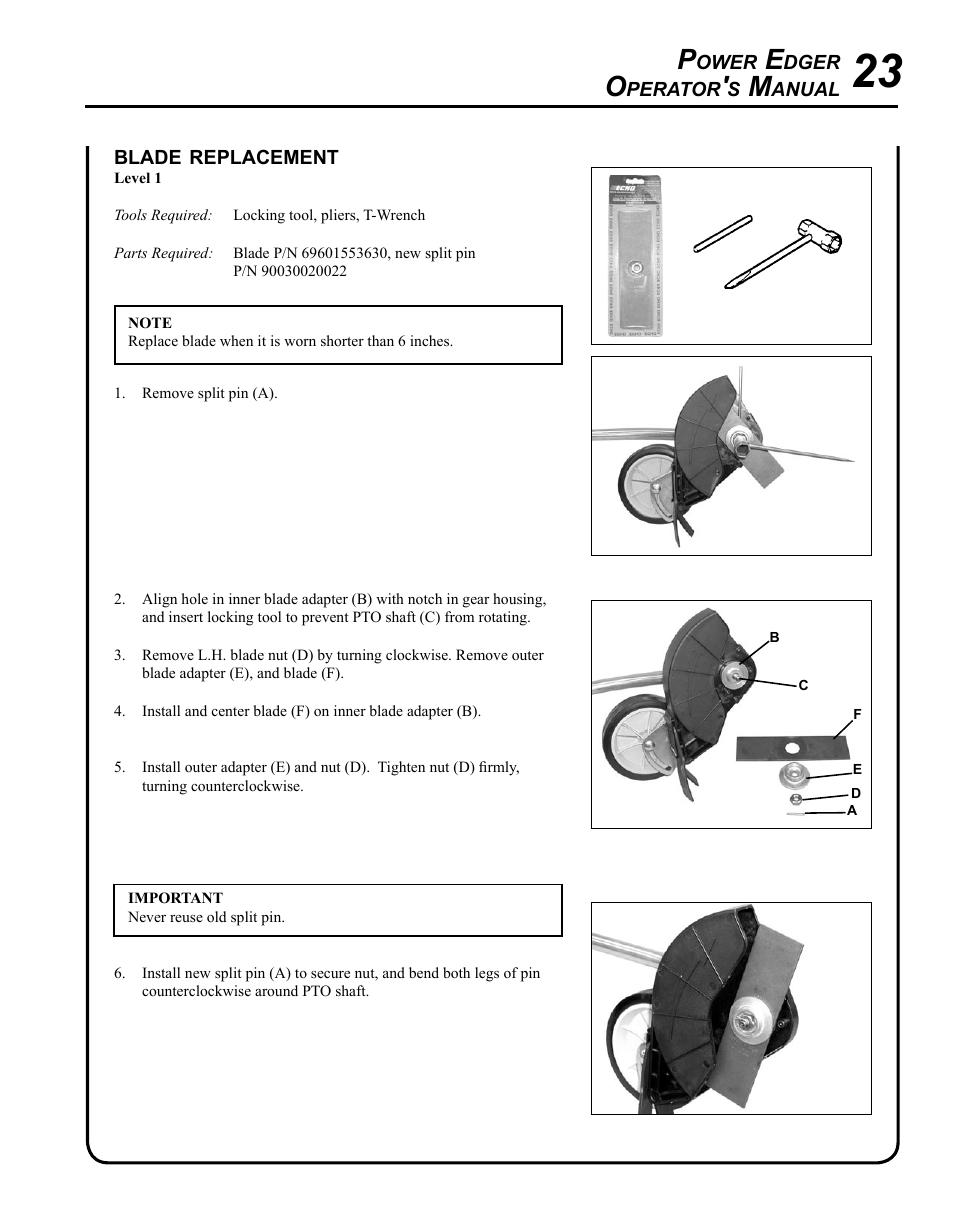 Blade replacement | Echo PE-225 Serial S78712001001 - S78712051200 User Manual | Page 23 / 32