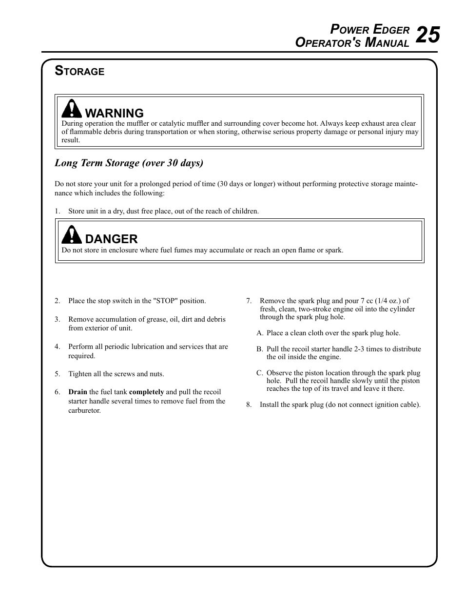 Storage, Warning, Danger | Echo PE-225 Serial S78712001001 - S78712051200 User Manual | Page 25 / 32