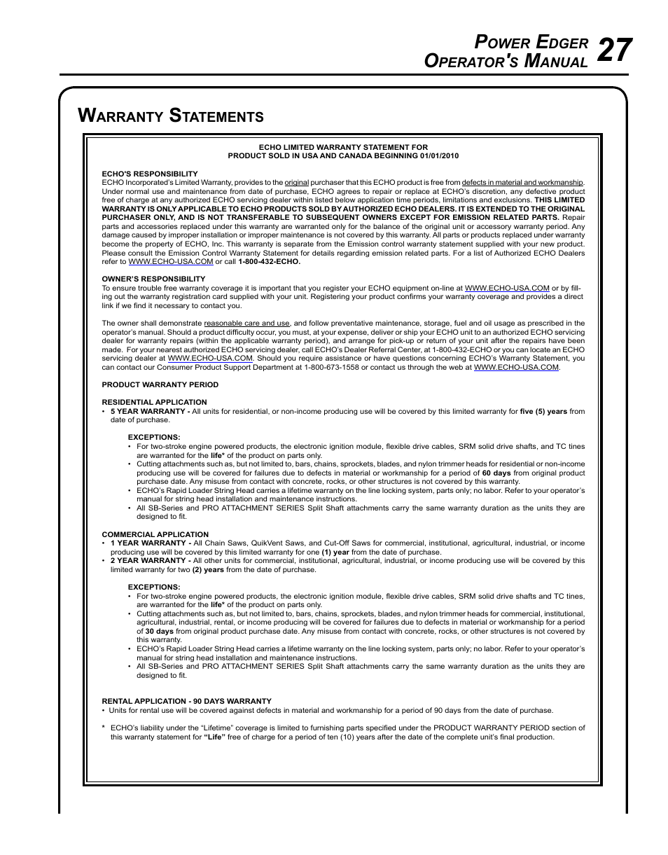 Warranty statements, Ower, Dger | Perator, Anual, Arranty, Tatements | Echo PE-225 Serial S78712001001 - S78712051200 User Manual | Page 27 / 32